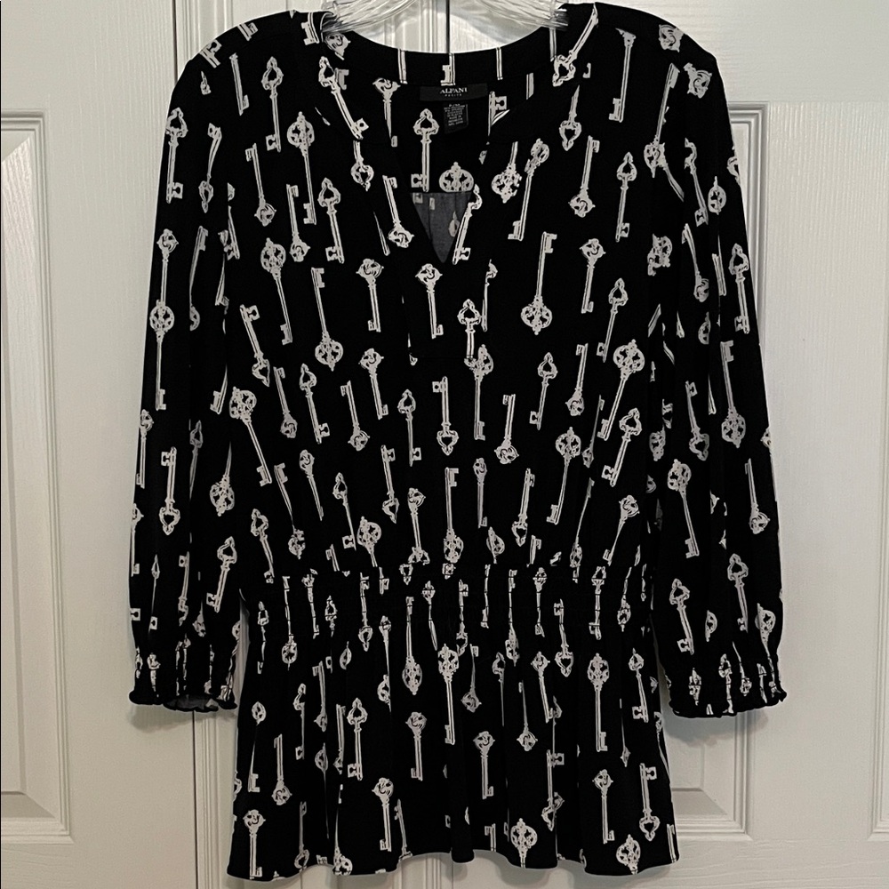 Alfani Petite Blouse with Vintage Keys Pattern